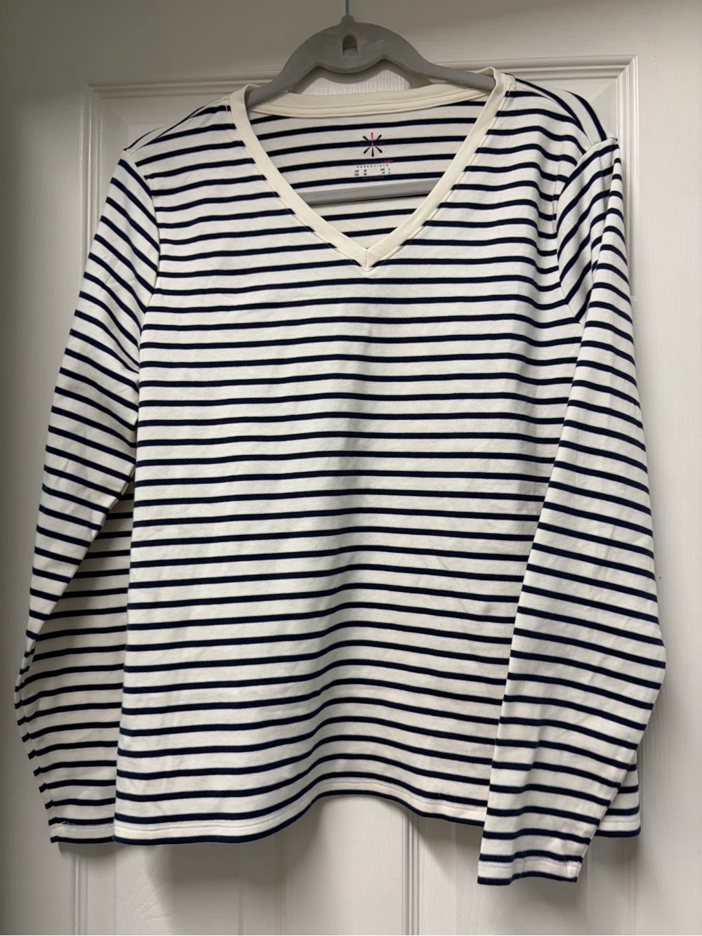 Essentials Navy & White Striped V‑Neck Long Sleeve Top
